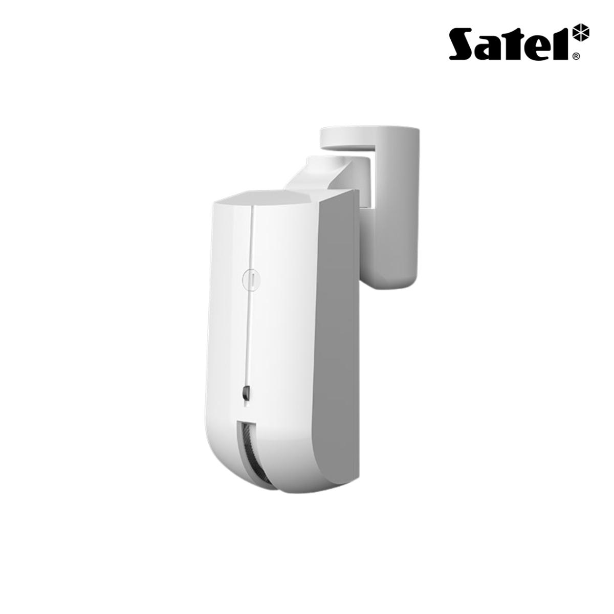 Rilevatore a tenda wireless da esterno, doppia tecnologia PIR+MW in banda K, portata 10 m, sensore di temperatura incluso, staffa inclusa. Colore bianco