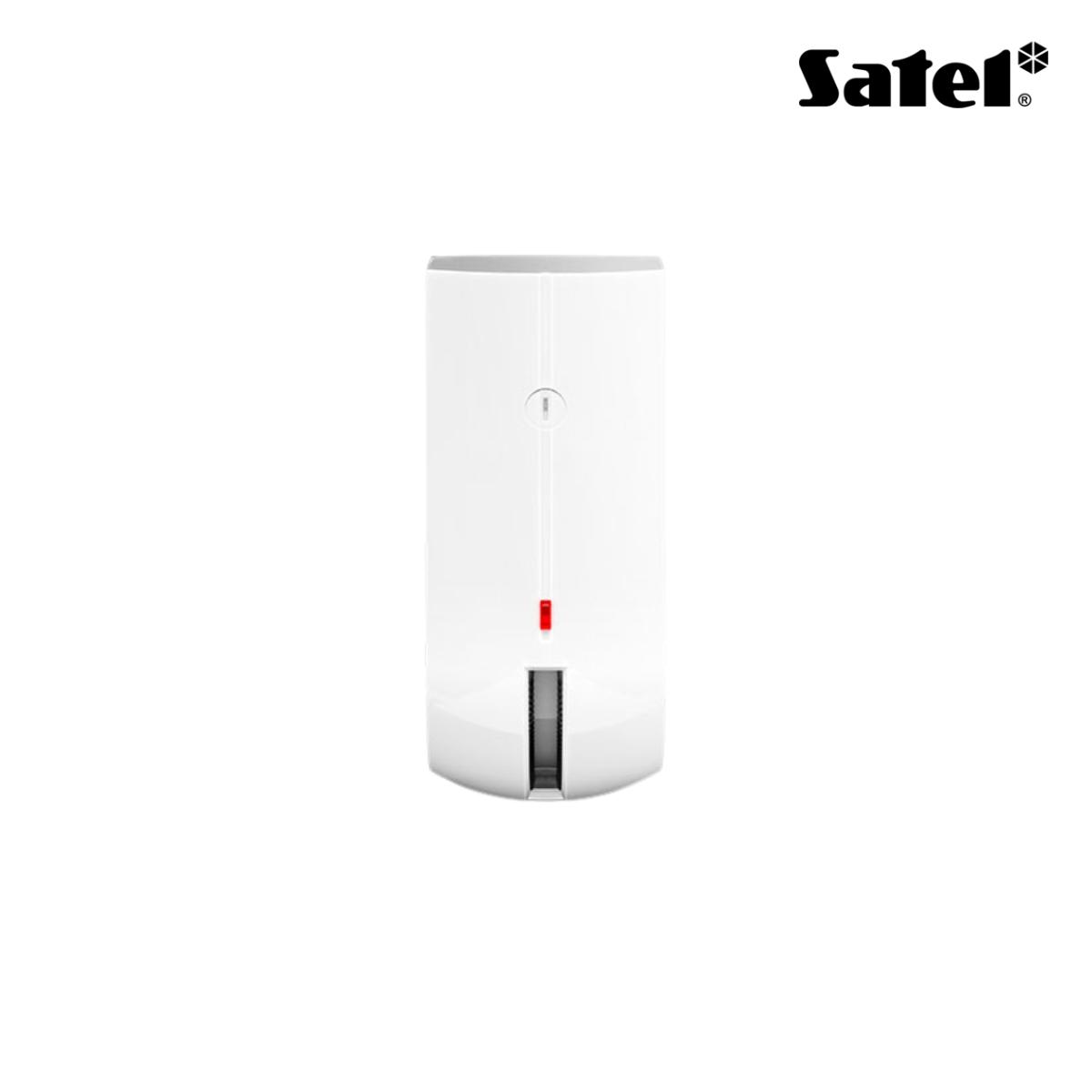 Rilevatore a tenda doppia tecnologia PIR+MW in banda K da esterno con infrarossi attivi. Colore bianco, IP54, staffa ad angolo inclusa. Portata 14 m
